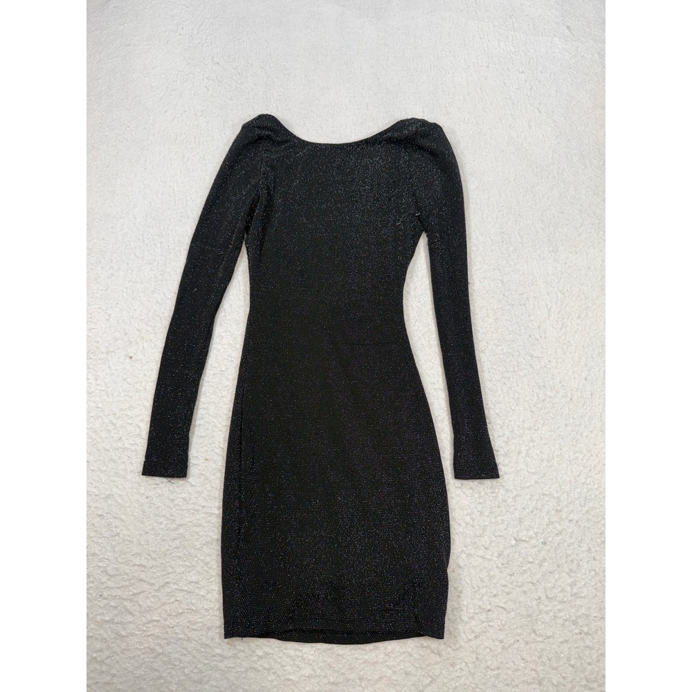 Lulus Black Metallic Shimmer Long Sleeve Open Back Bodycon Mini Dress XS